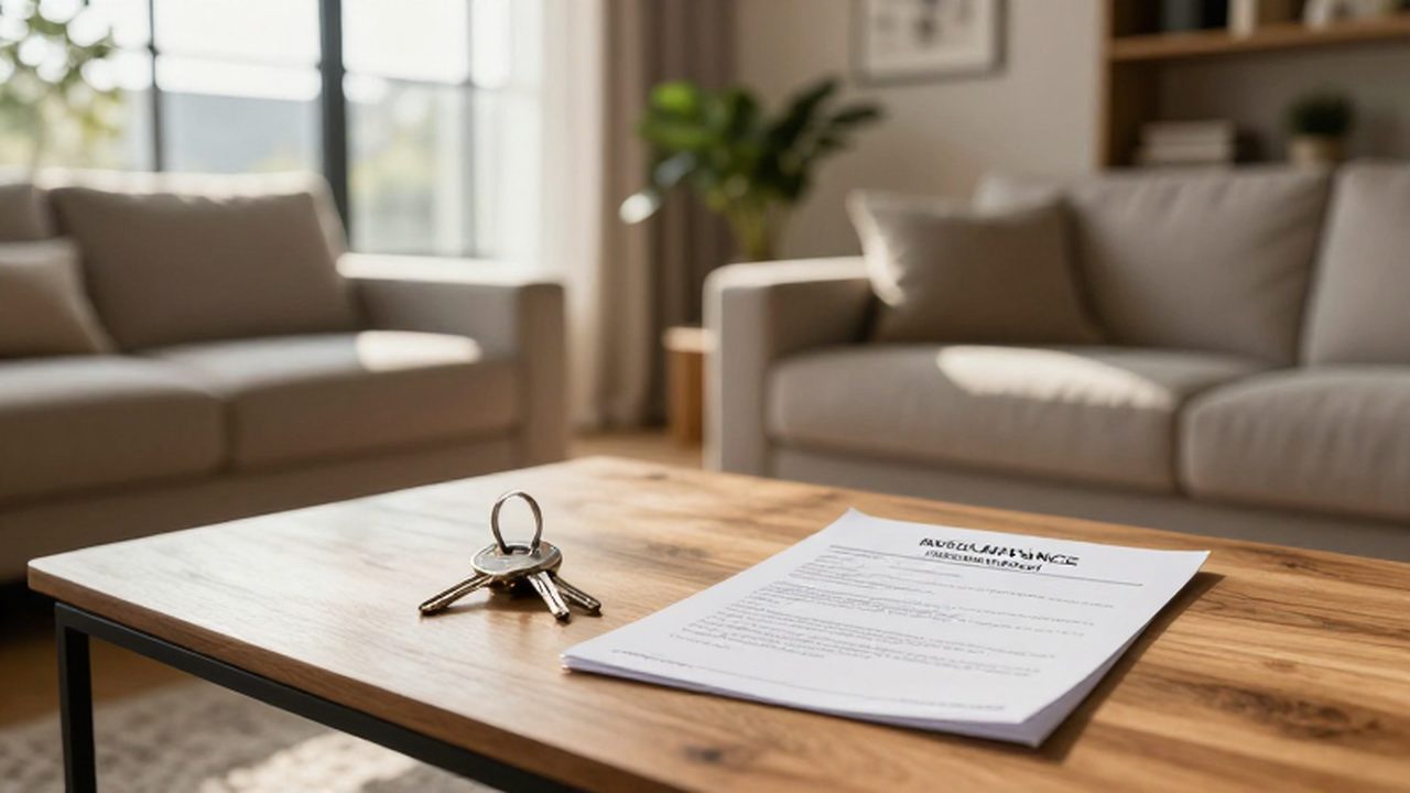 Unas llaves de casa y un documento de seguro sobre una mesa de madera en un salón luminoso.