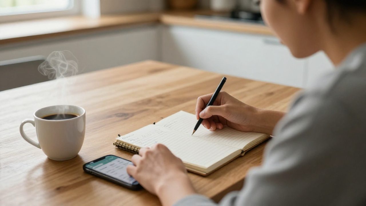 Persona joven organizando su presupuesto mensual con un cuaderno y un móvil junto a un café.