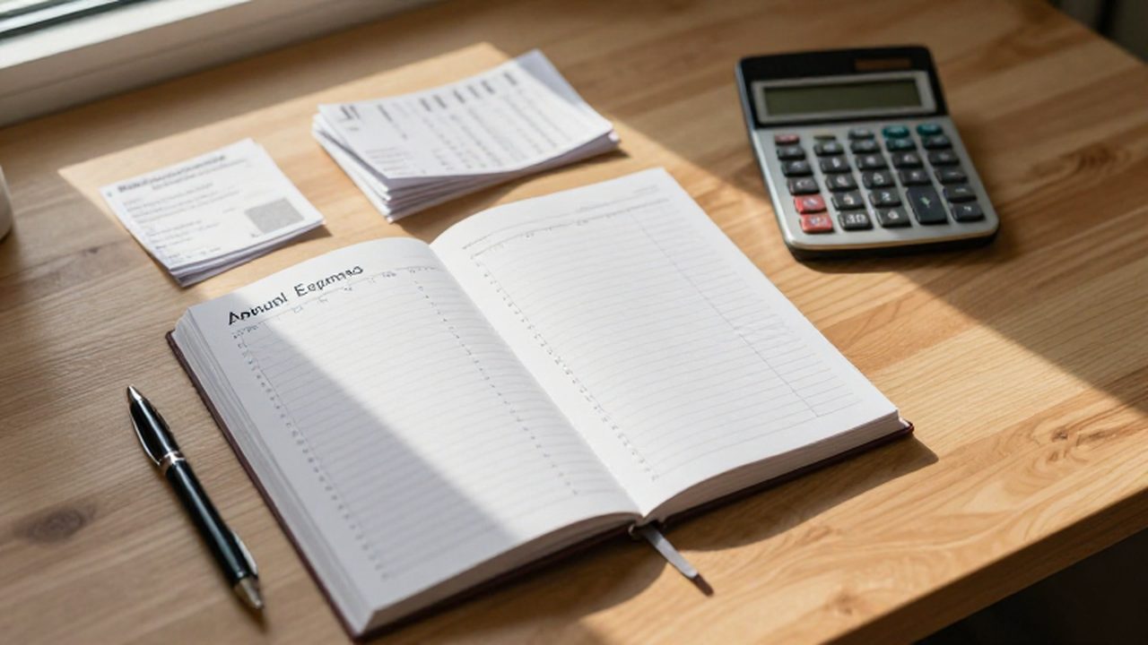 Planificador mensual de gastos sobre un escritorio de madera junto a una calculadora y recibos.