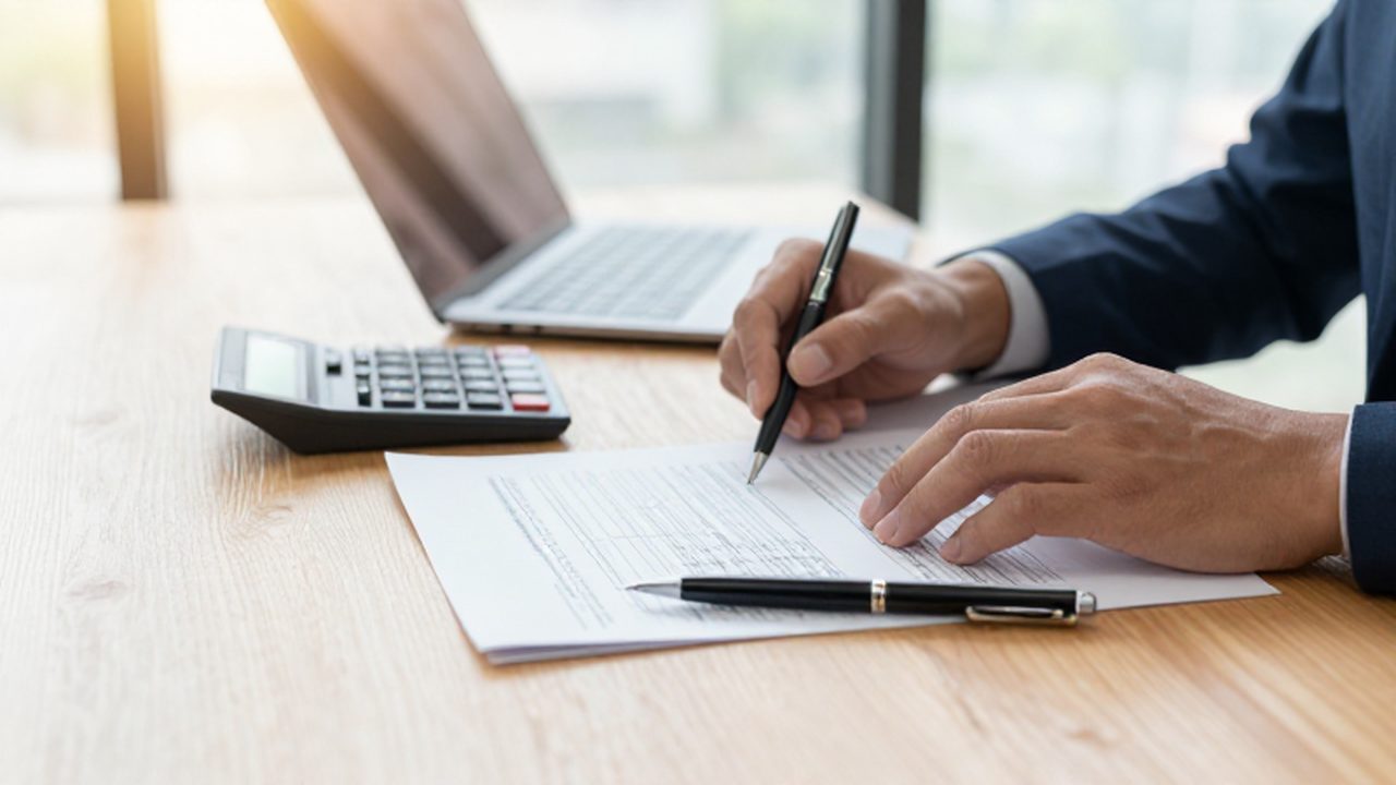 Manos de un emprendedor revisando documentos financieros y una calculadora sobre un escritorio de madera.