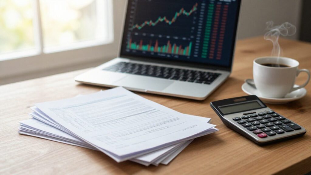 Escritorio ordenado con una laptop con gráficos financieros