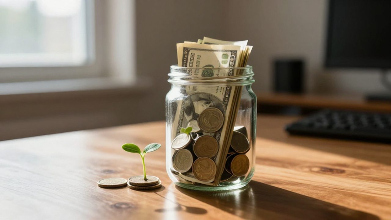Frasco de cristal con billetes y monedas sobre un escritorio junto a un pequeño brote verde.