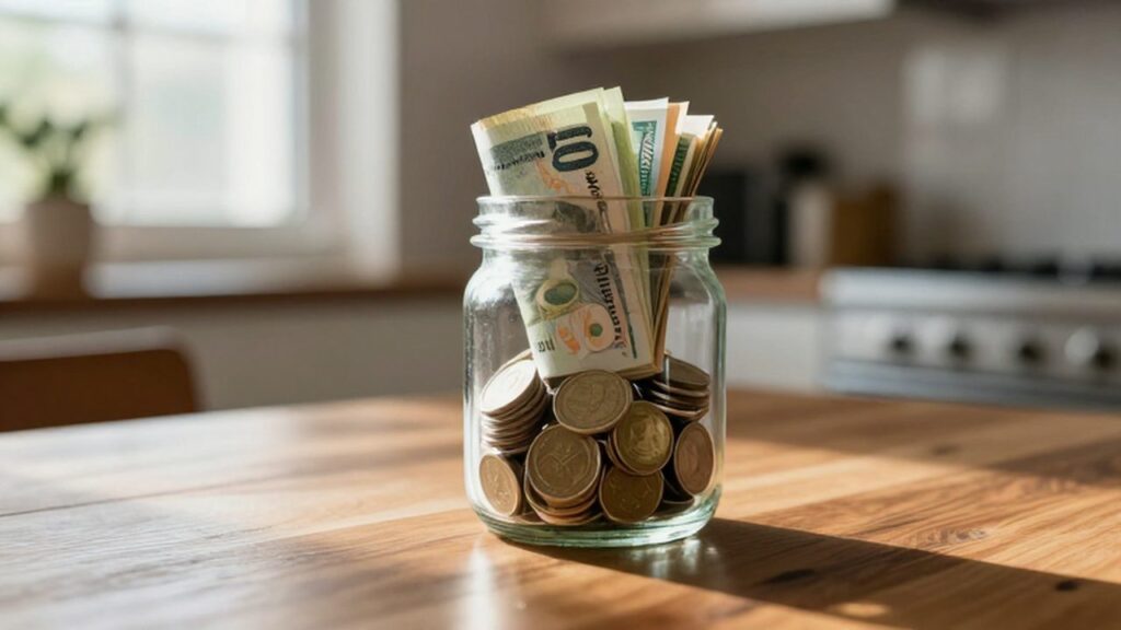 Frasco de vidrio con monedas y billetes sobre una mesa de madera iluminada por el sol.