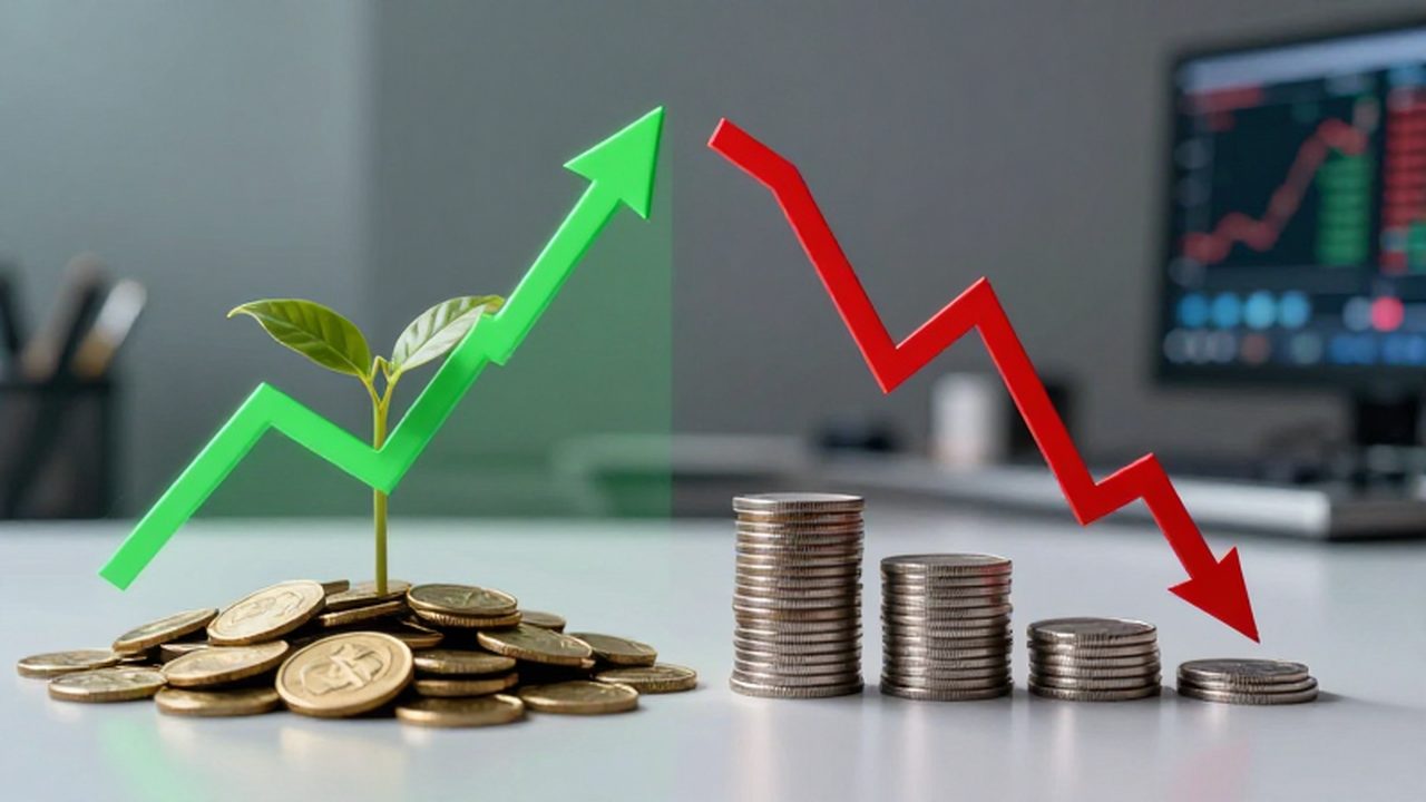 Comparativa visual entre un gráfico de mercado ascendente con monedas de oro y uno descendente con plata.
