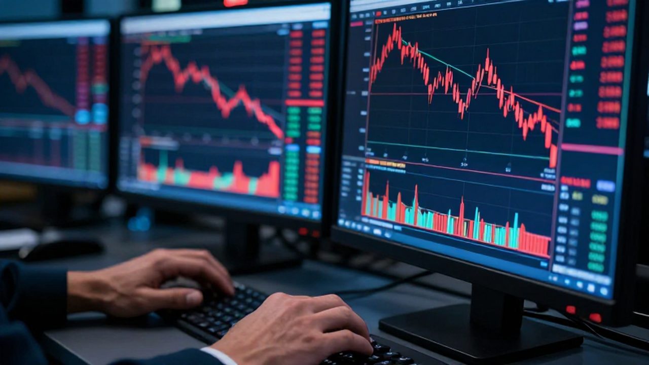 Manos de un operador financiero frente a monitores con gráficas bursátiles en caída constante.