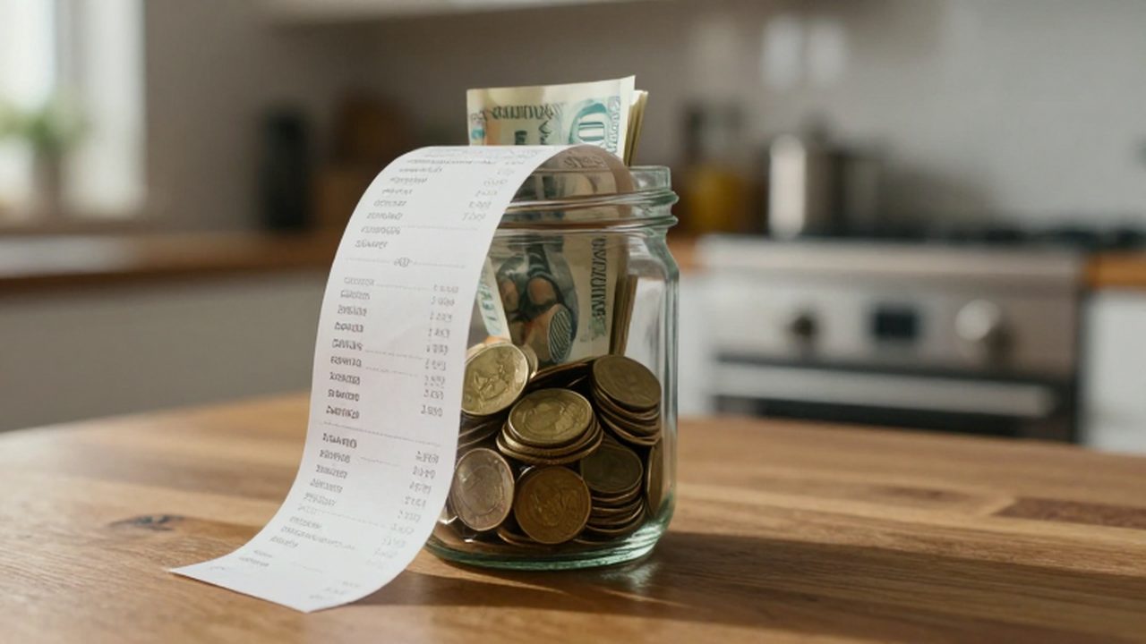 Frasco de vidrio con monedas y billetes sobre una mesa junto a un recibo de compra.