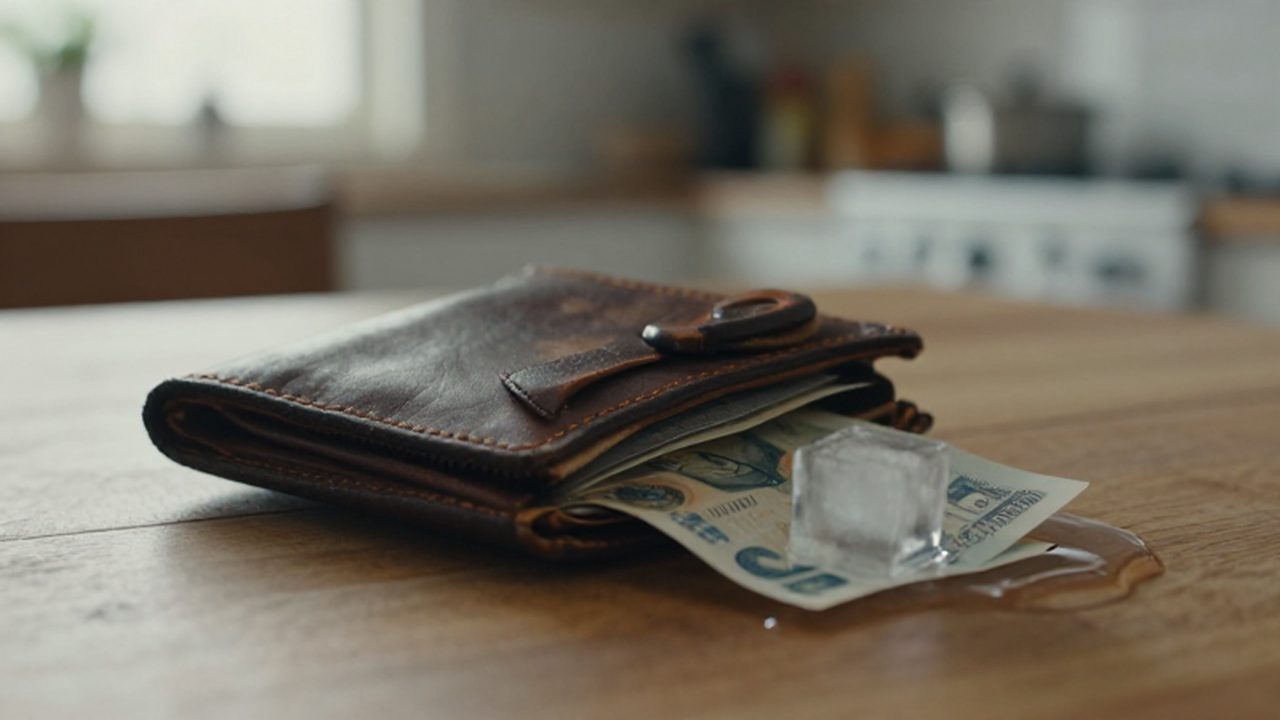 Cartera de cuero gastada con billetes descoloridos y un cubito de hielo derritiéndose sobre una mesa de madera.