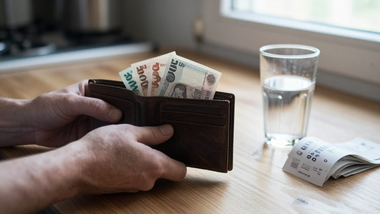 Manos sosteniendo una billetera de cuero desgastada con billetes y recibos sobre una mesa de madera.
