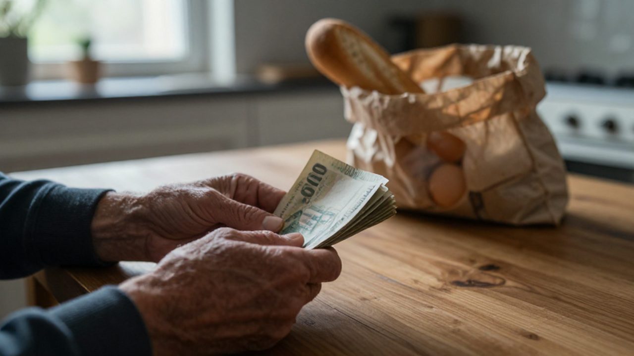 Manos curtidas cuentan billetes sobre una mesa de madera junto a una bolsa de comida.