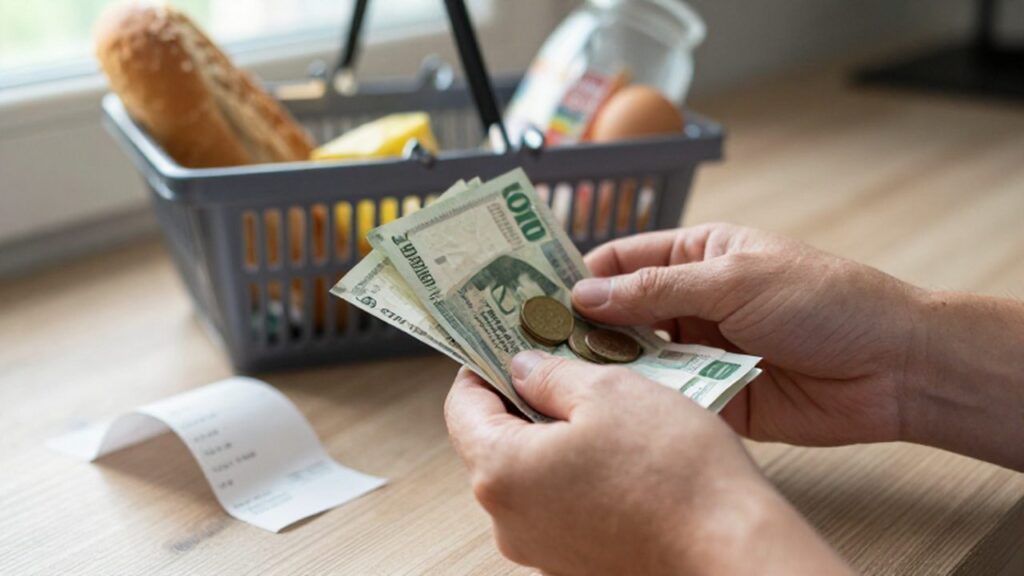 Manos sosteniendo billetes arrugados y monedas sobre una mesa con productos de alimentación.