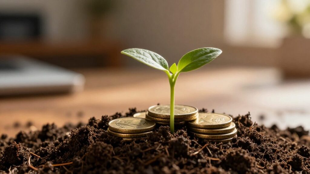 Un pequeño brote verde crece sobre un montículo de tierra rodeado de monedas de oro antiguas.