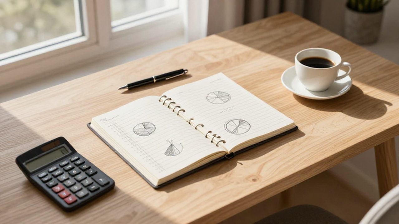 Escritorio de madera con una agenda de presupuesto, calculadora, bolígrafo y una taza de café.