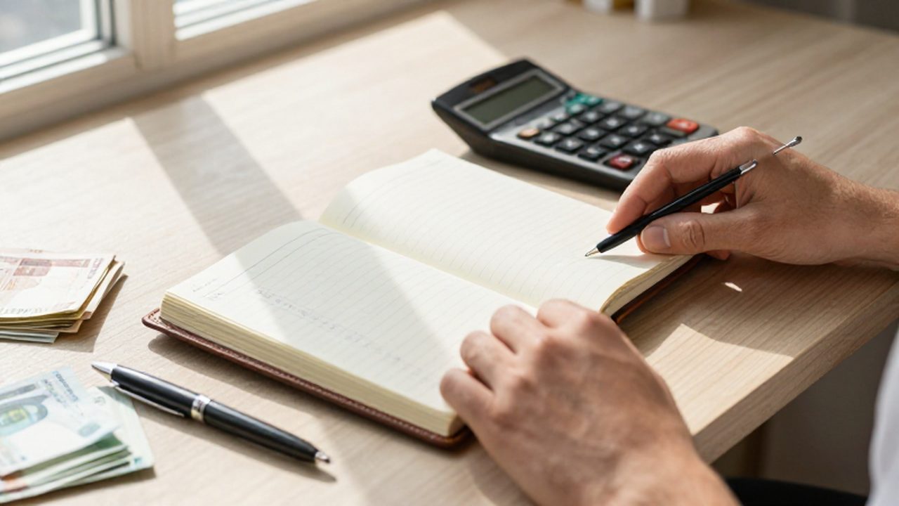 Manos organizando un escritorio con una agenda de presupuesto, billetes y una calculadora moderna.