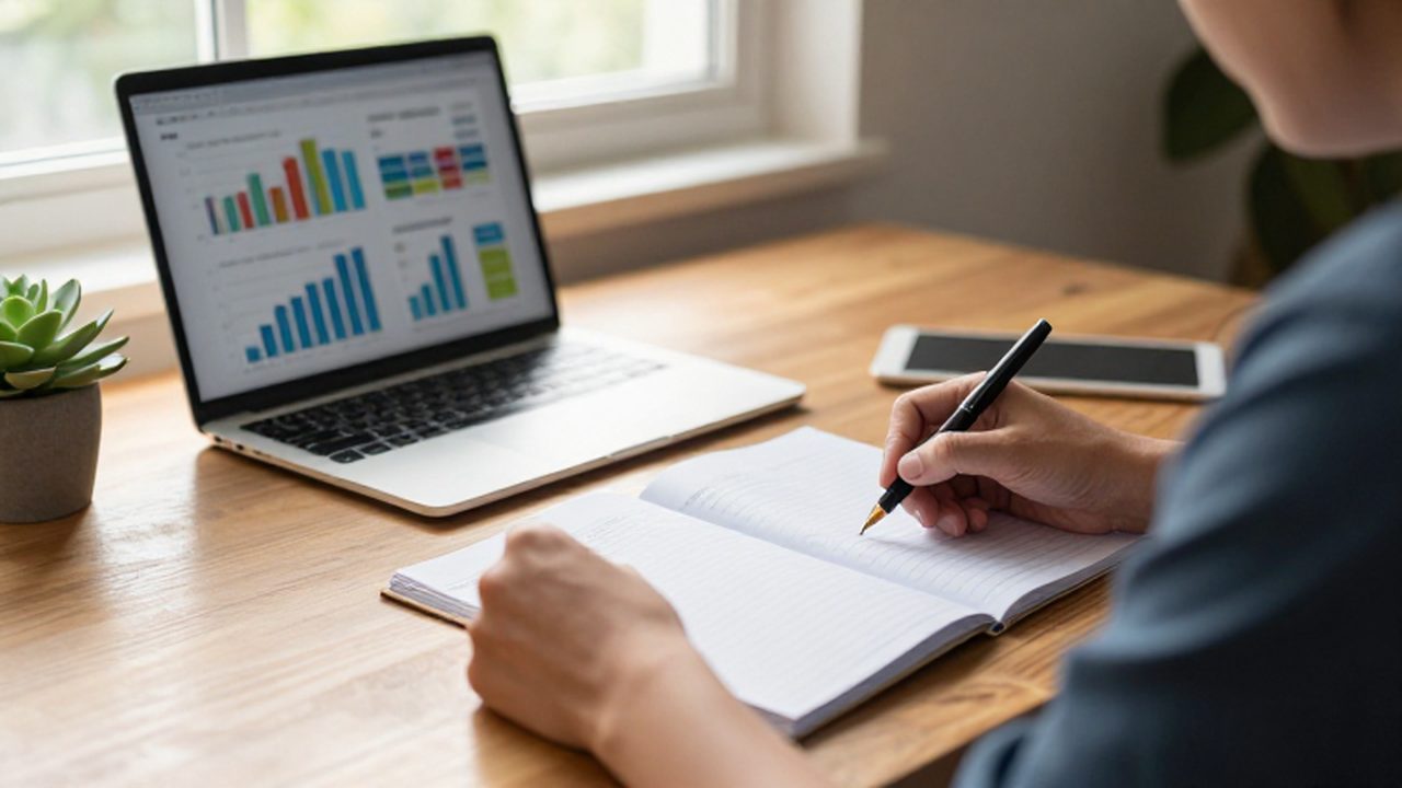 Persona escribiendo en un planificador financiero sobre un escritorio con un portátil y una planta.