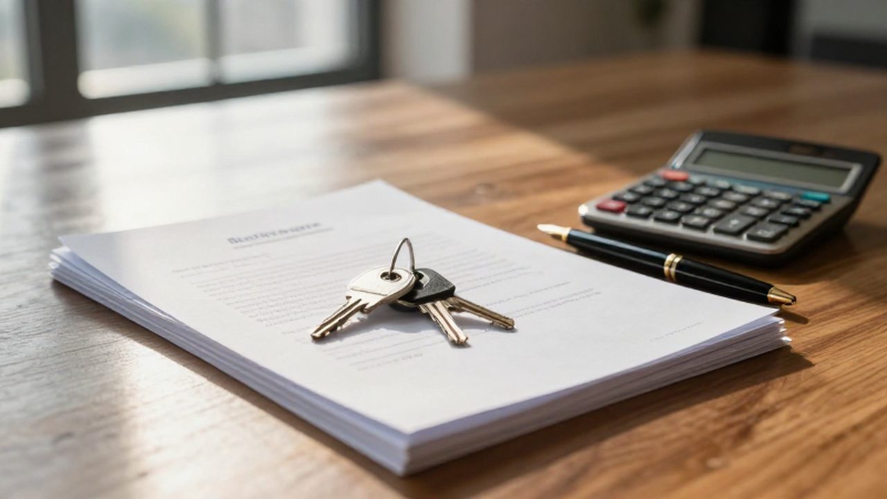 Llaves de casa sobre documentos de hipoteca y contratos legales en un escritorio de madera.