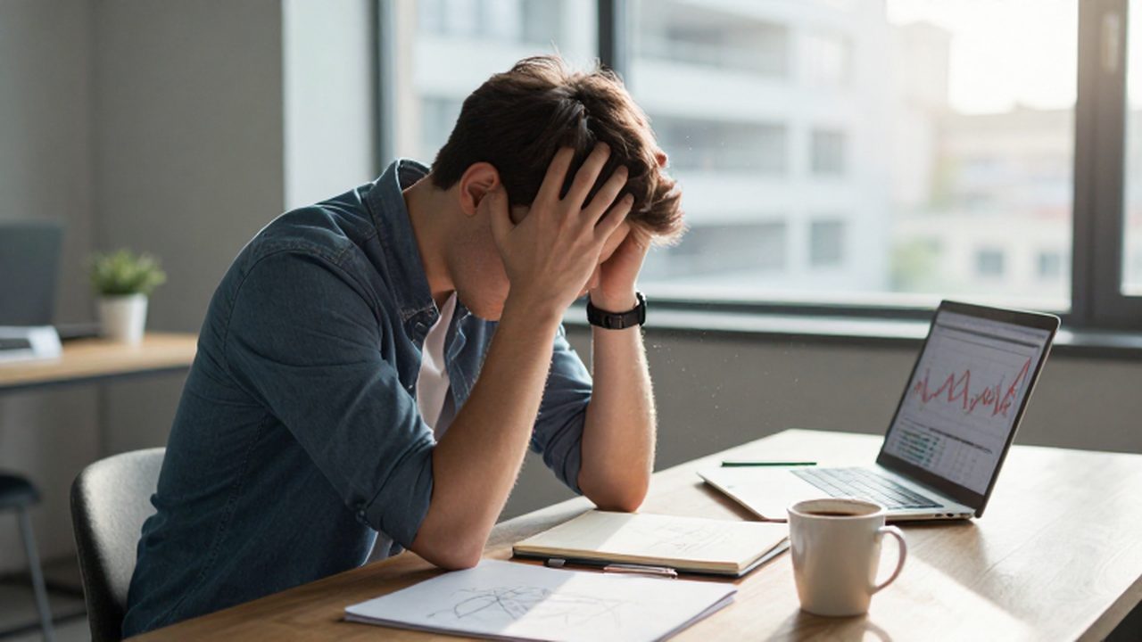 Joven emprendedor frustrado con la cabeza entre las manos ante un portátil con gráficos financieros descendentes.