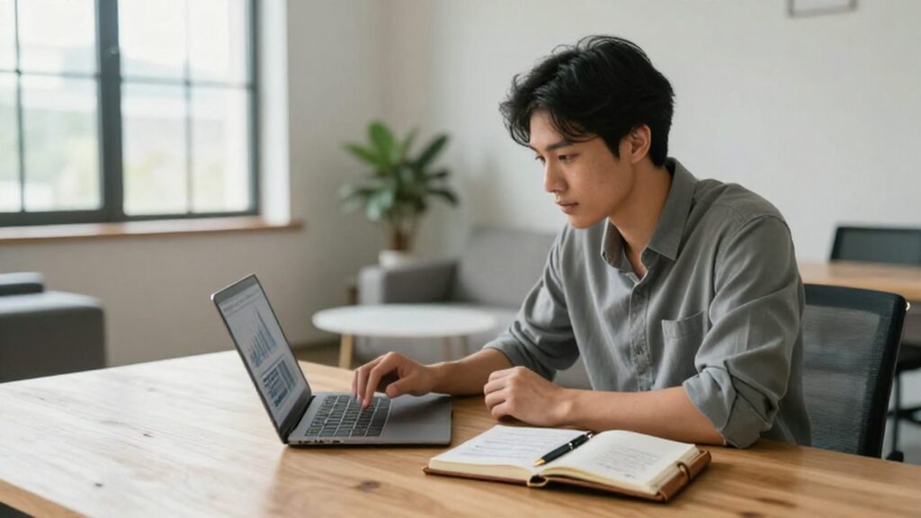 Joven emprendedor analizando gráficos financieros en un portátil sobre un escritorio de madera.