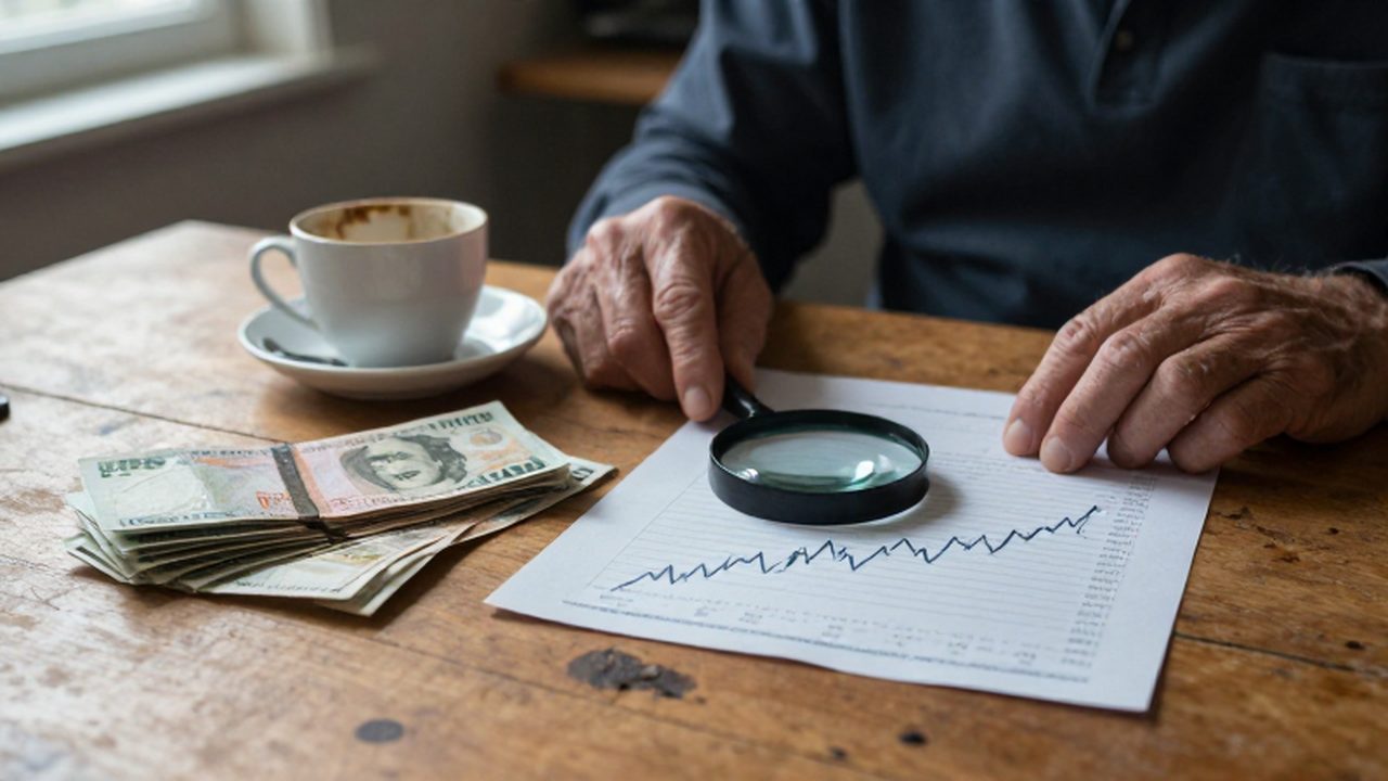Manos ancianas junto a billetes, una taza de café y un gráfico financiero bajo una lupa.