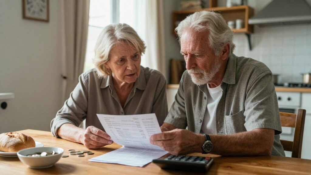 Pareja de ancianos con expresión preocupada revisando cuentas y recibos sobre una mesa de cocina.