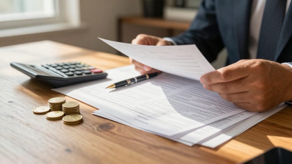 Manos de un hombre revisando documentos financieros y formularios de impuestos junto a monedas de oro.