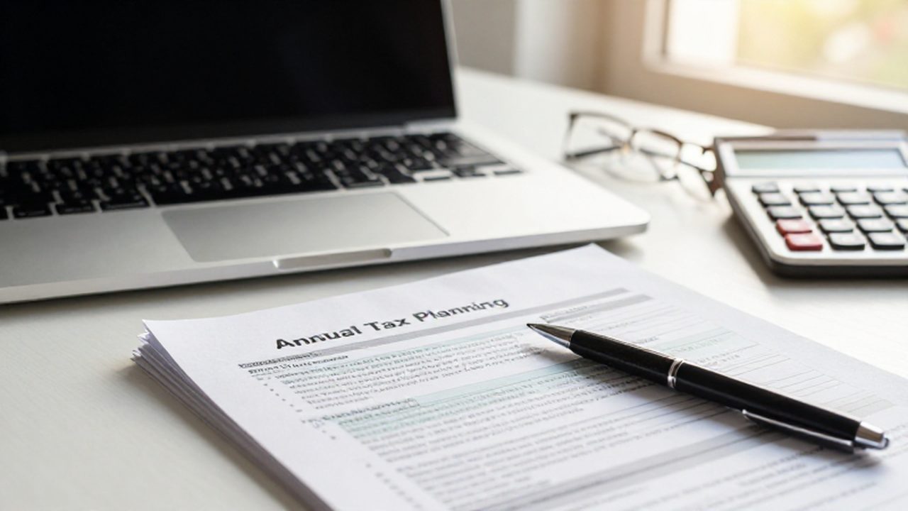 Escritorio ordenado con una laptop, calculadora, gafas y un documento sobre planificación fiscal anual.