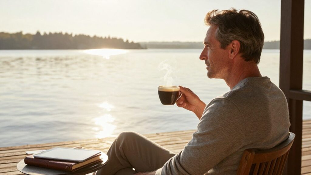 Hombre maduro sentado en un porche soleado contemplando un lago mientras sostiene una taza de café.