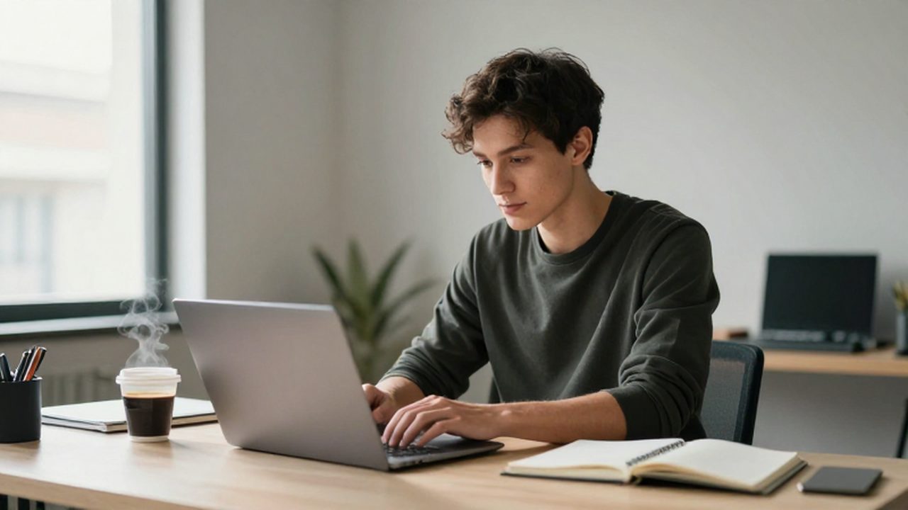 Joven profesional trabajando con su portátil en un escritorio iluminado por la luz natural.
