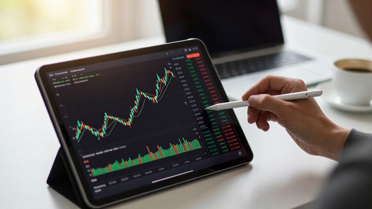 Mano con un lápiz digital señalando un gráfico de crecimiento bursátil en una tableta.