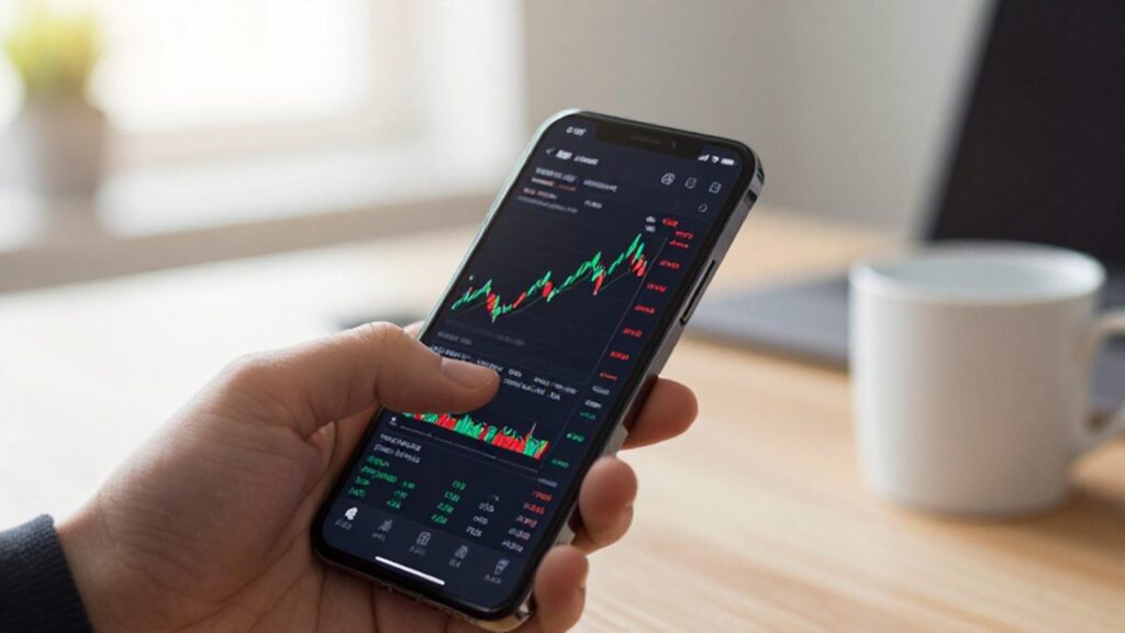 Un pulgar interactúa con gráficos de velas de una aplicación de bolsa en un smartphone.
