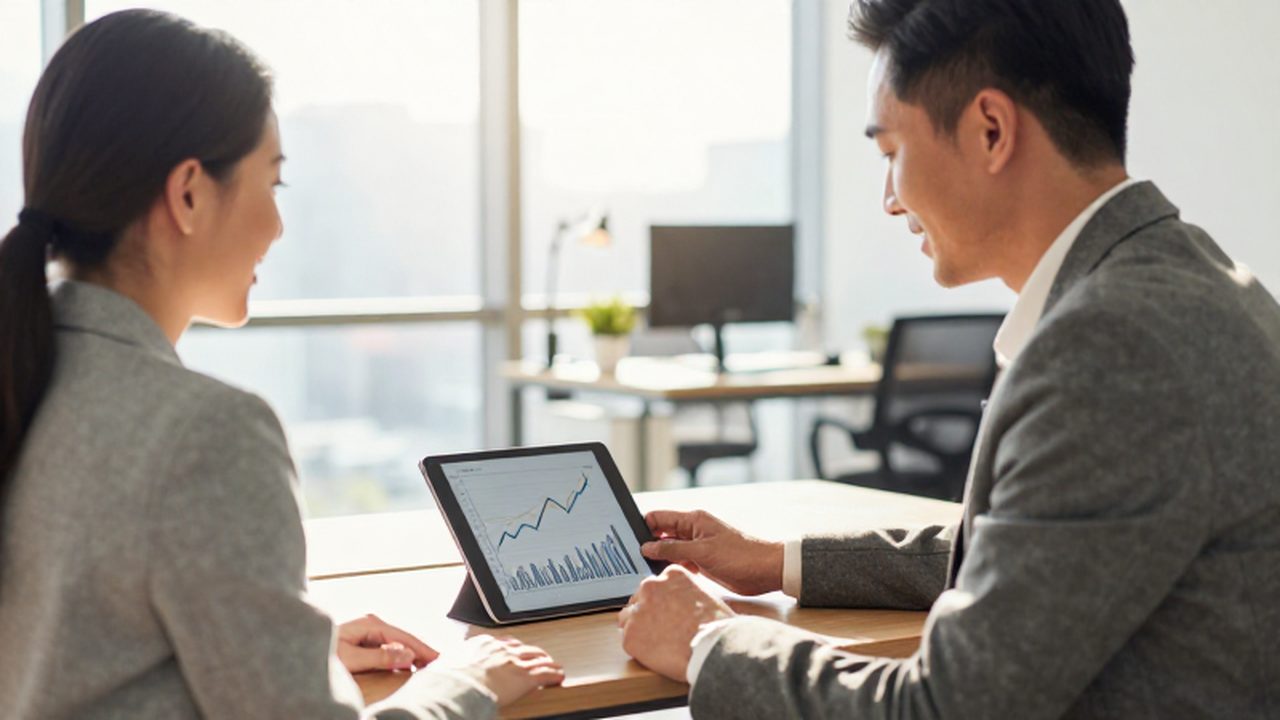 Un hombre de negocios y una empleada sonríen frente a una tableta con gráficos de crecimiento financiero.