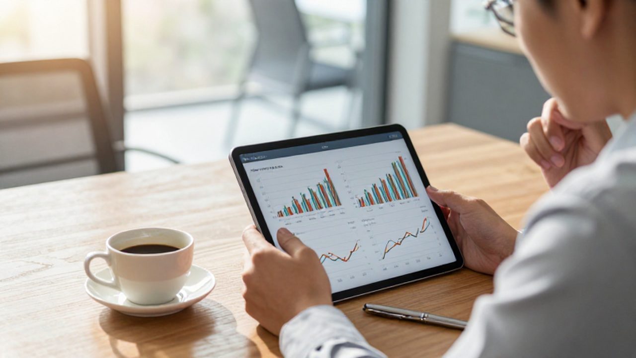 Persona profesional analizando gráficos de crecimiento financiero en una tableta sobre un escritorio ordenado.