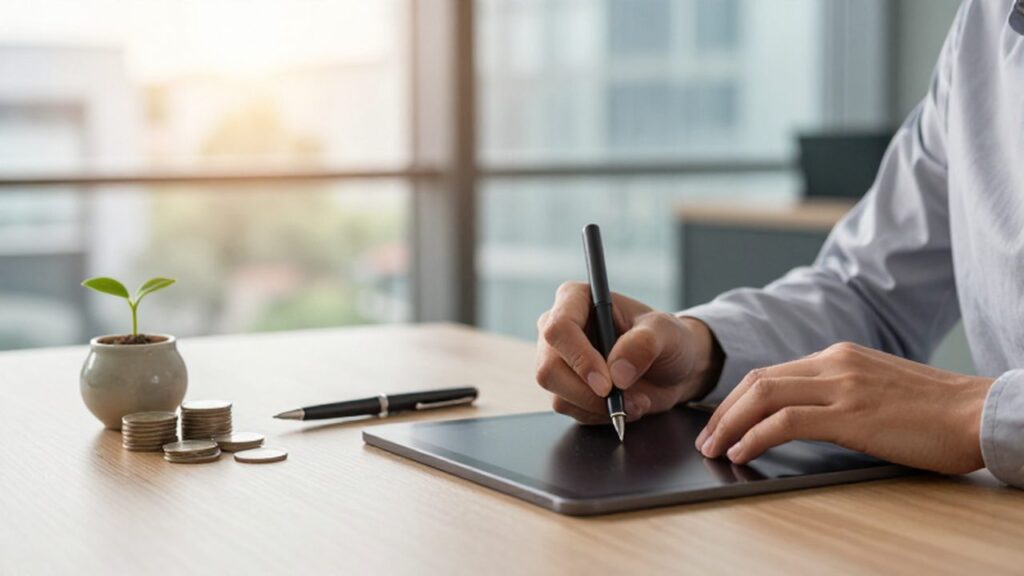 Manos firmando en una tableta digital sobre un escritorio con monedas y una pequeña planta.