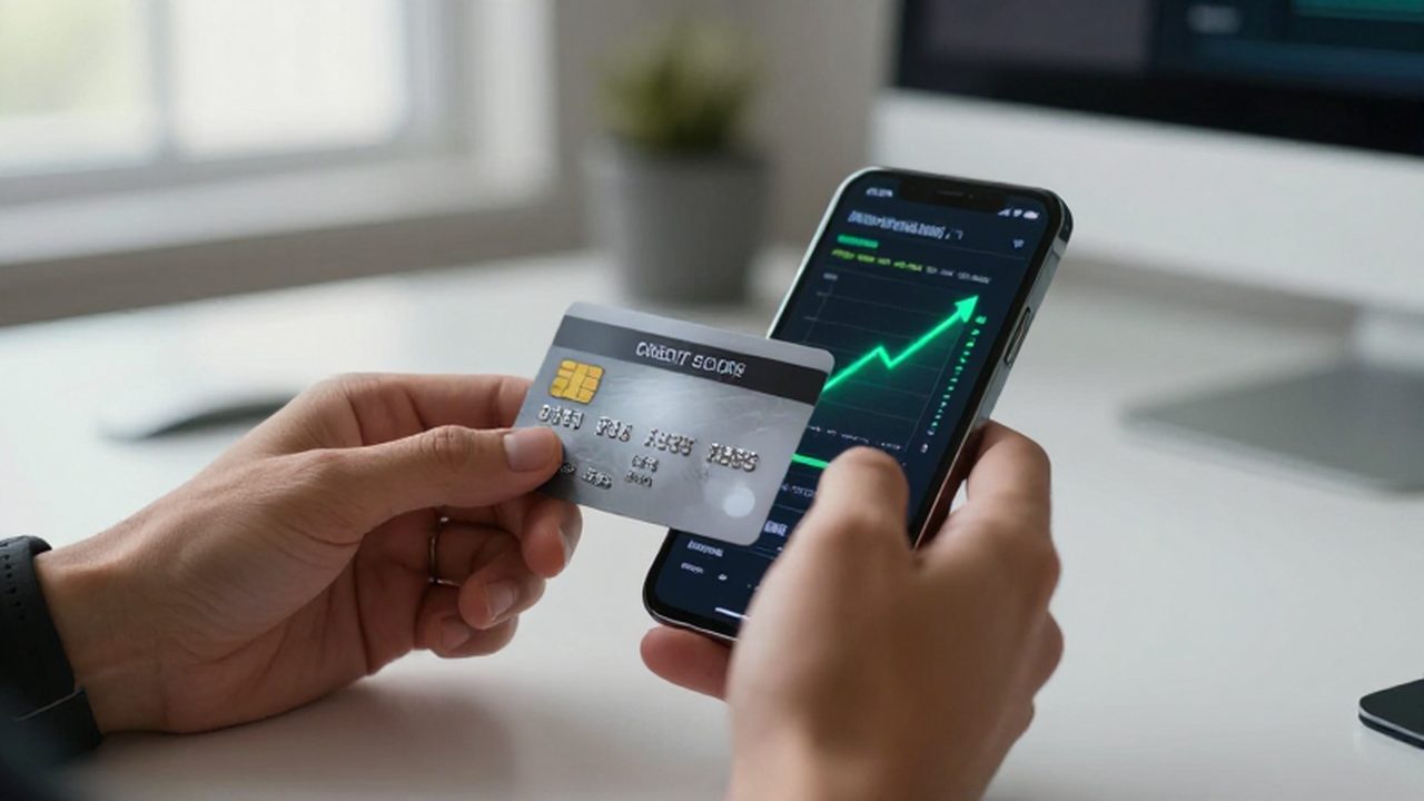Manos sosteniendo una tarjeta de crédito premium sobre un smartphone con un panel financiero.