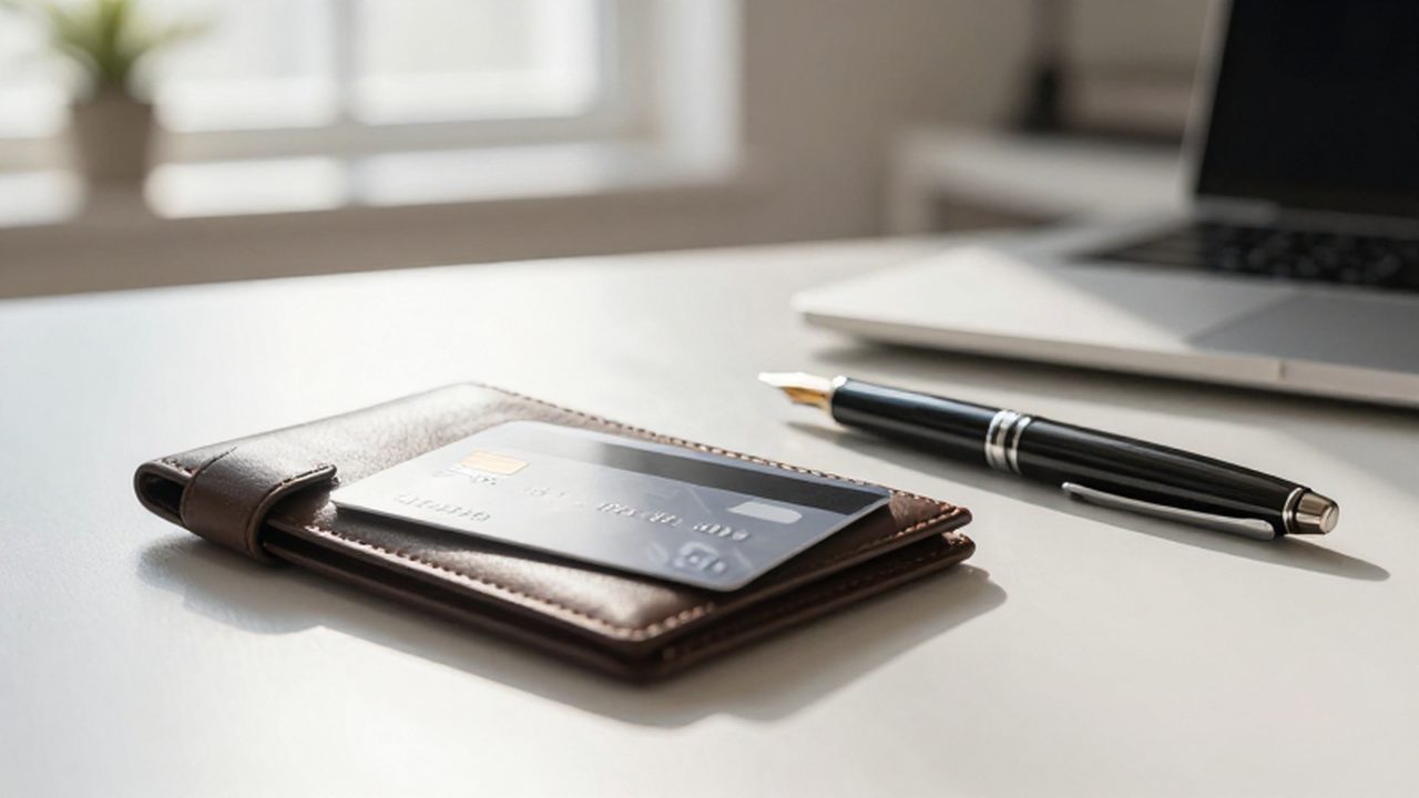 Tarjeta de crédito premium sobre una cartera de cuero junto a una pluma estilográfica en un escritorio moderno.