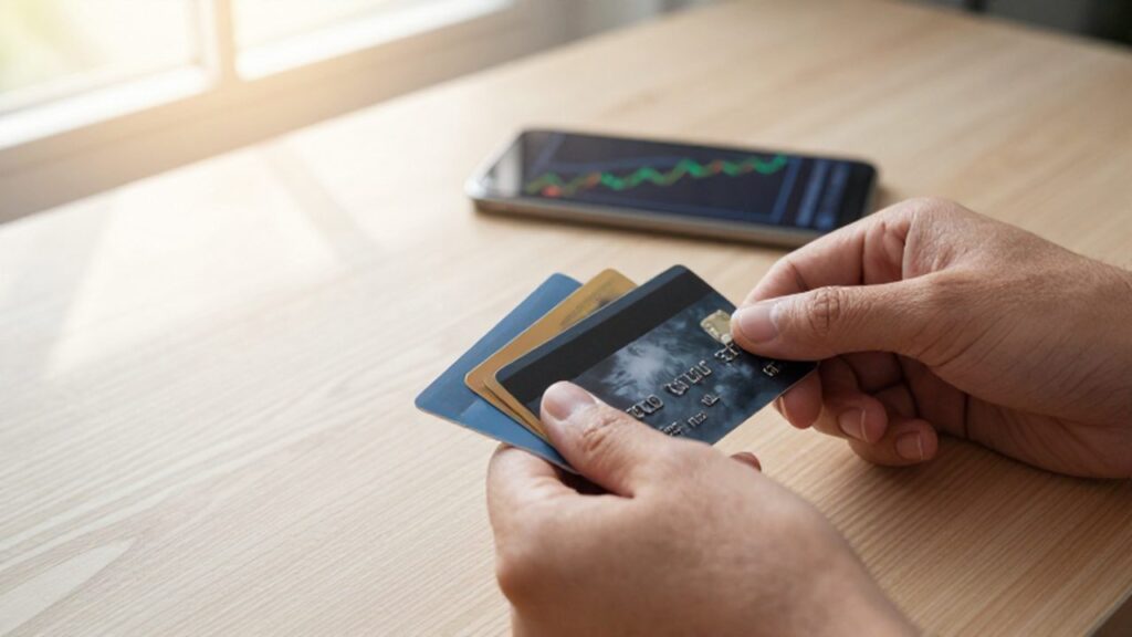 Manos organizando tarjetas de crédito sobre un escritorio de madera junto a un smartphone con gráficos financieros.