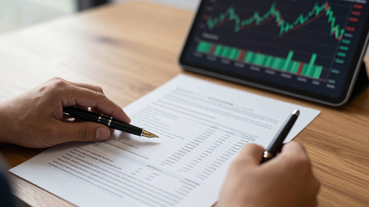 Manos de un inversor analizando un informe financiero impreso sobre un escritorio de madera.