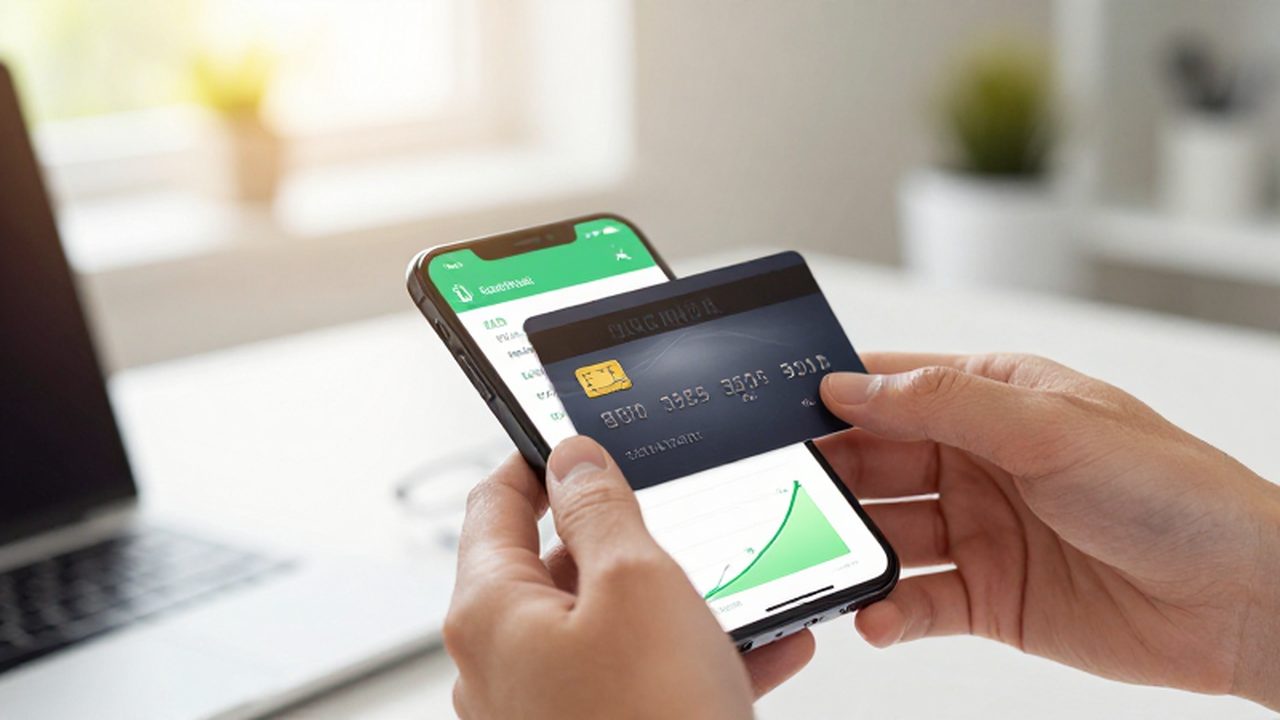 Manos sosteniendo una tarjeta de crédito sobre un móvil que muestra un saldo de cashback creciente.