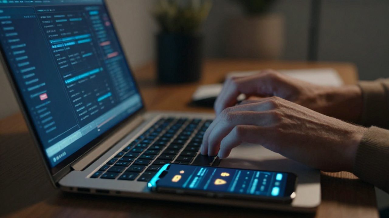 Manos temblorosas sobre un portátil junto a un móvil que muestra alertas en una billetera de criptomonedas.