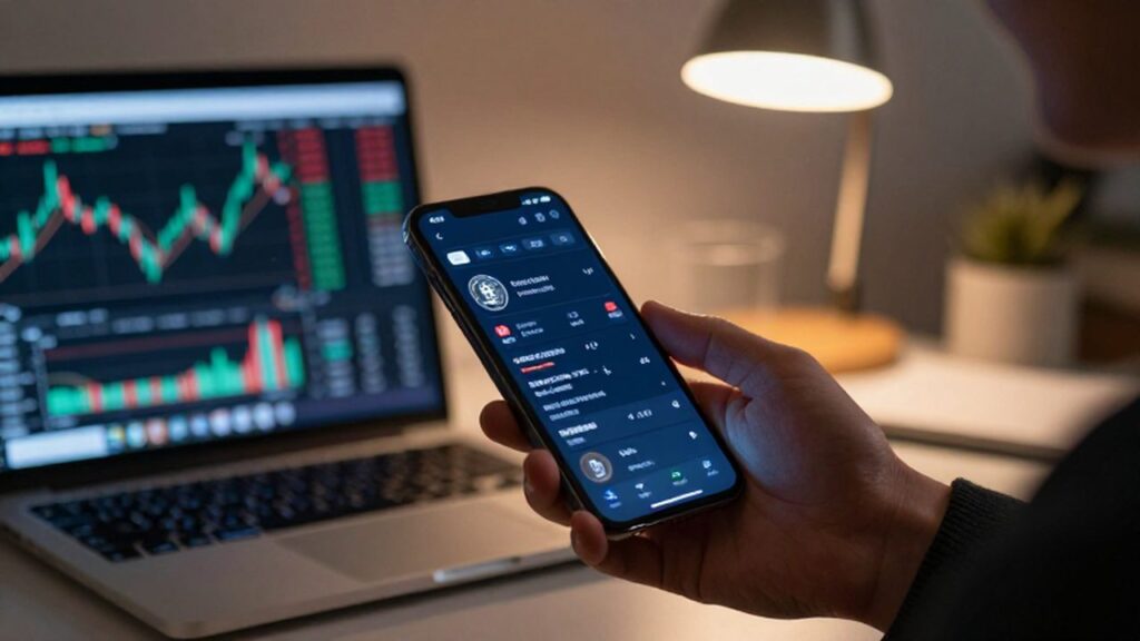 Mano sosteniendo un smartphone con una aplicación de criptomonedas frente a un ordenador con gráficos financieros.